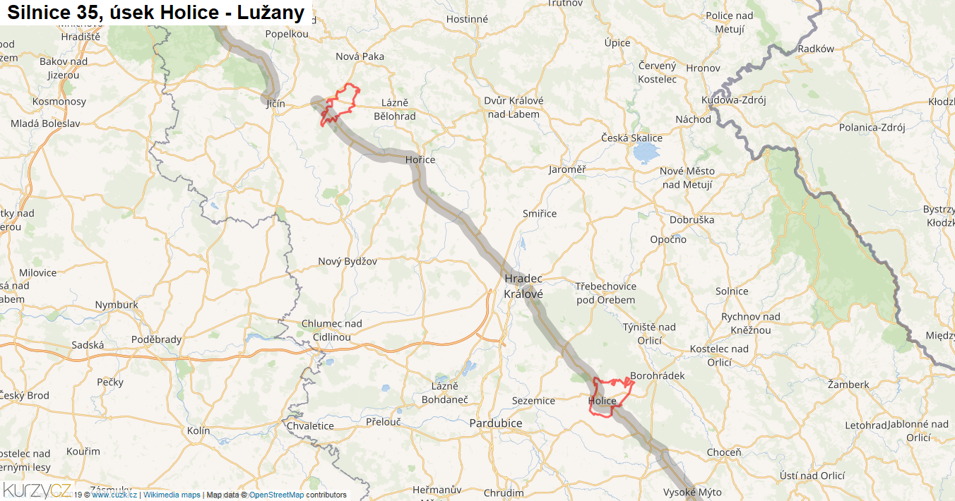 Úsek Holice - Lužany, Silnice 35 - Mapa