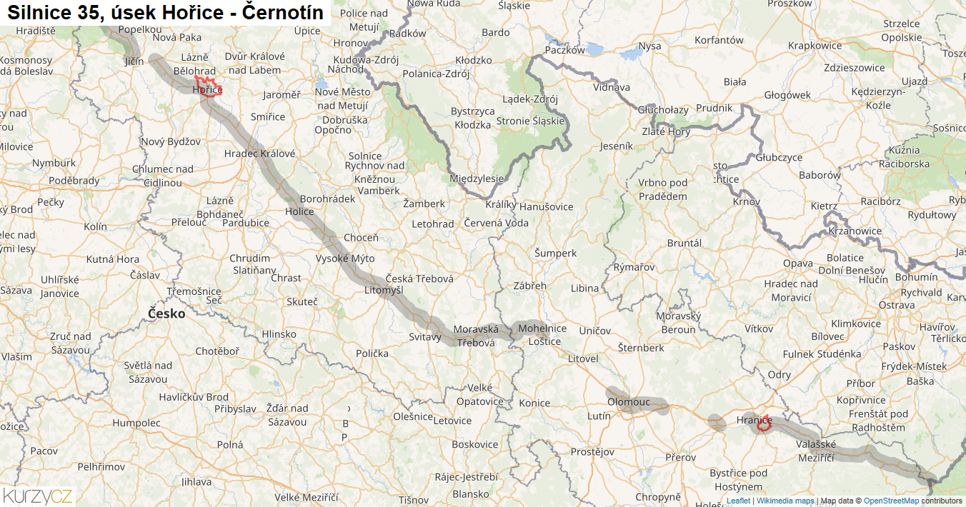 Úsek Hořice - Černotín, Silnice 35 - Mapa