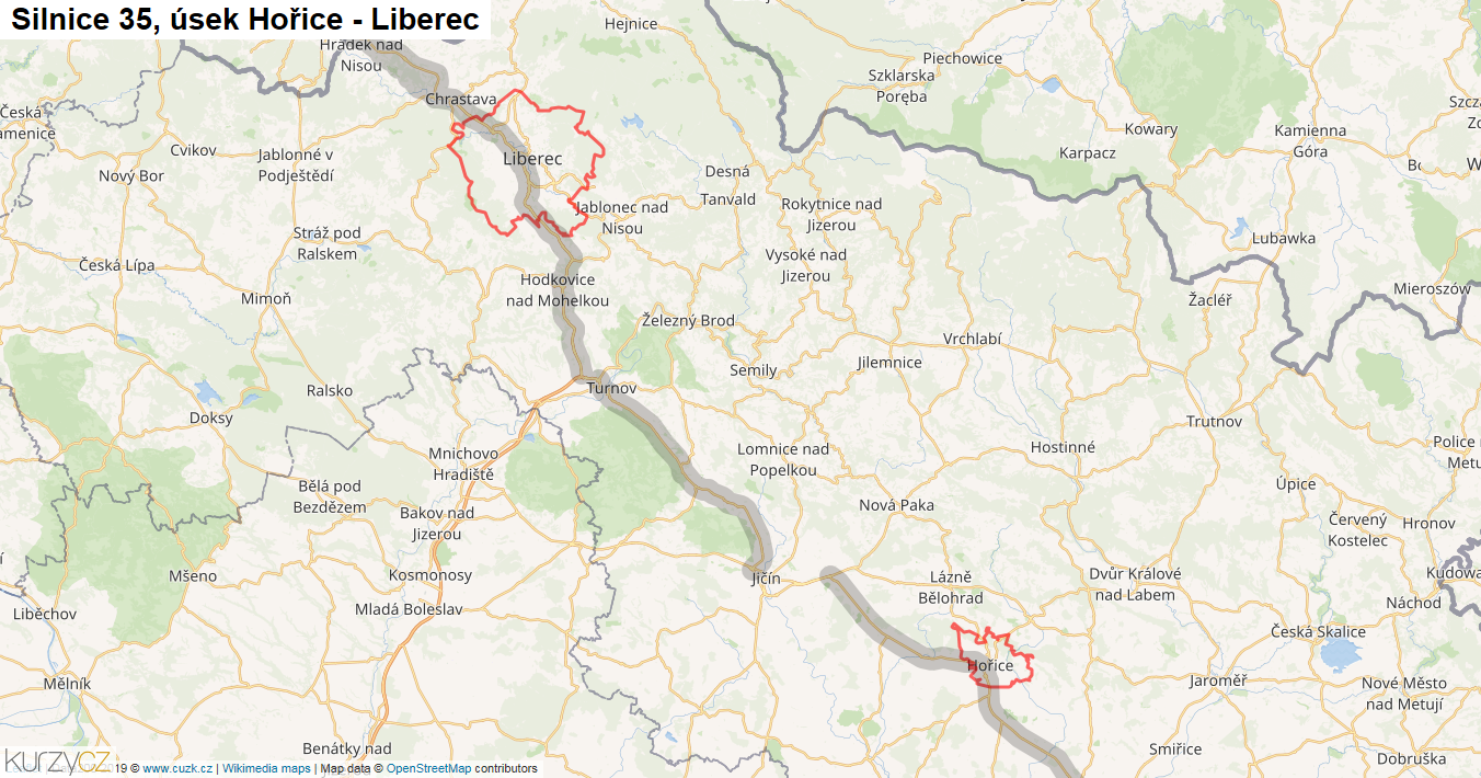 Úsek Hořice - Liberec, Silnice 35 - Mapa