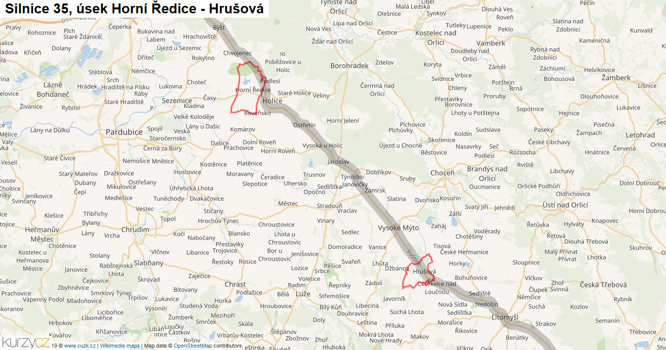 Úsek Horní Ředice - Hrušová, Silnice 35 - Mapa