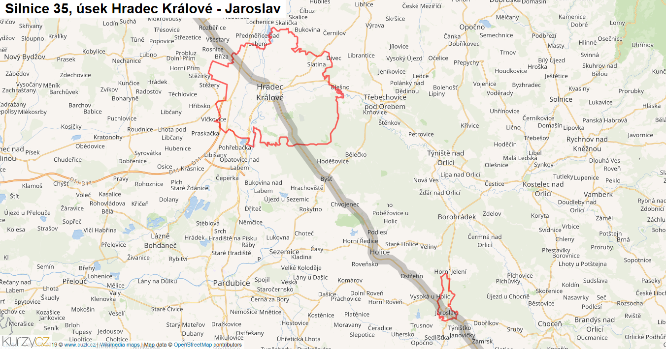 Úsek Hradec Králové - Jaroslav, Silnice 35 - Mapa