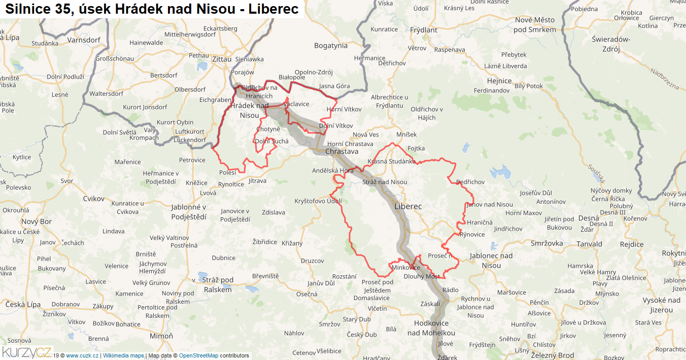 Úsek Hrádek nad Nisou - Liberec, Silnice 35 - Mapa