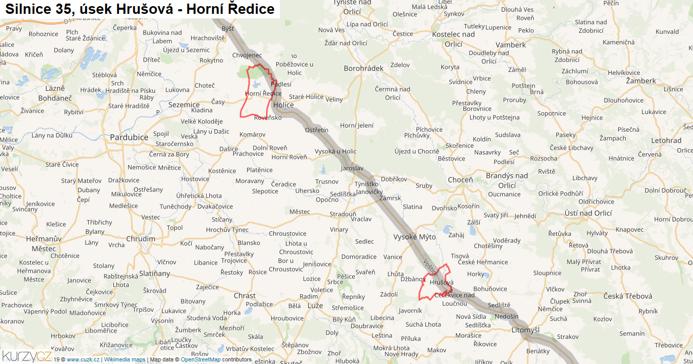 Úsek Hrušová - Horní Ředice, Silnice 35 - Mapa