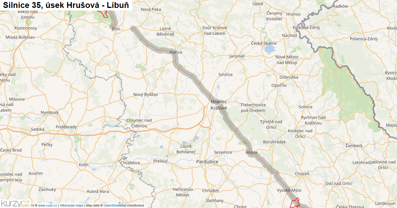 Úsek Hrušová - Libuň, Silnice 35 - Mapa