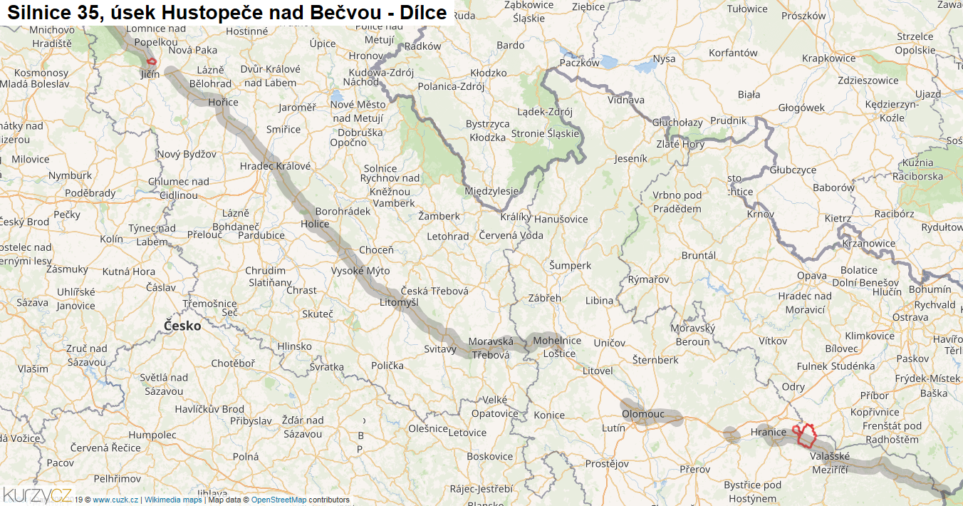 Úsek Hustopeče nad Bečvou - Dílce, Silnice 35 - Mapa