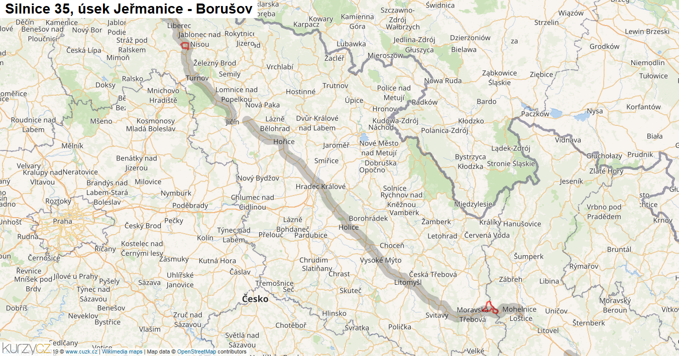 Úsek Jeřmanice - Borušov, Silnice 35 - Mapa