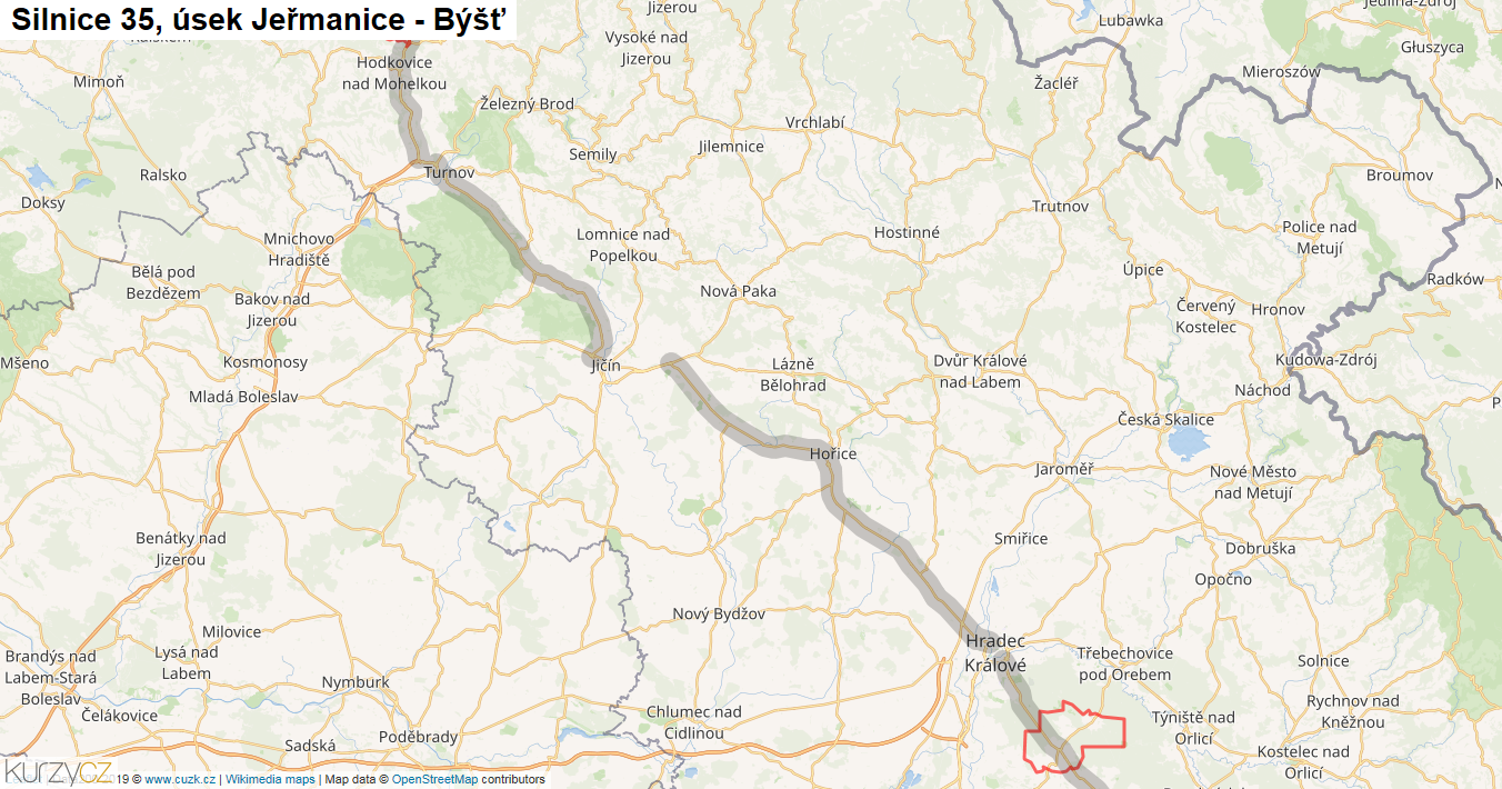 Úsek Jeřmanice - Býšť, Silnice 35 - Mapa