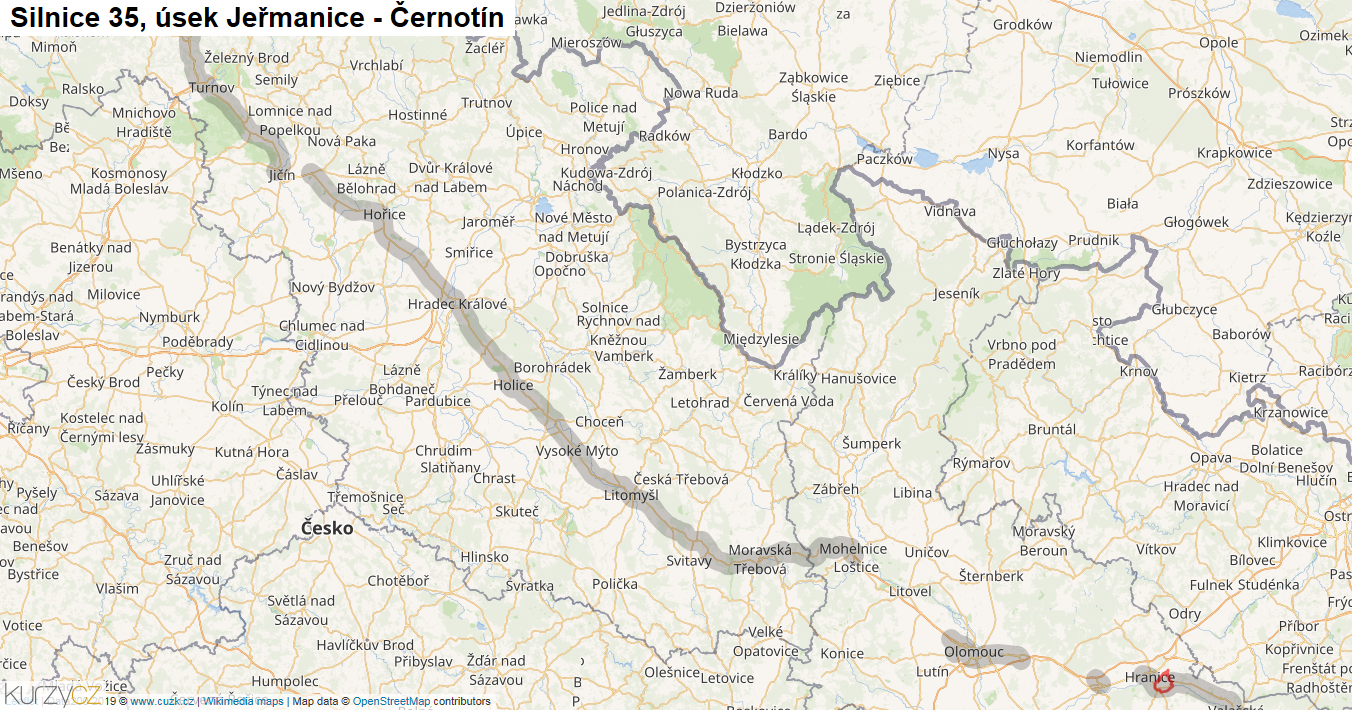 Úsek Jeřmanice - Černotín, Silnice 35 - Mapa