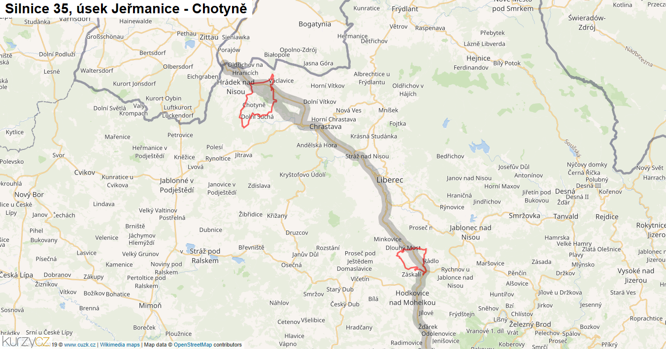Úsek Jeřmanice - Chotyně, Silnice 35 - Mapa