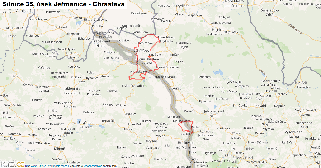 Úsek Jeřmanice - Chrastava, Silnice 35 - Mapa