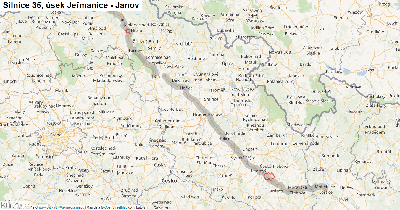 Úsek Jeřmanice - Janov, Silnice 35 - Mapa