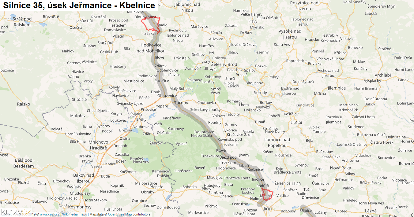 Úsek Jeřmanice - Kbelnice, Silnice 35 - Mapa