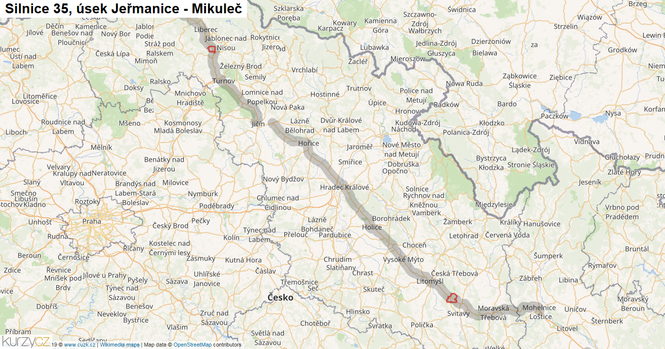 Úsek Jeřmanice - Mikuleč, Silnice 35 - Mapa