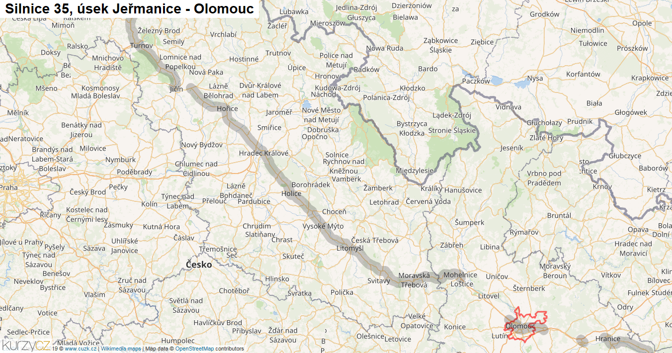 Úsek Jeřmanice - Olomouc, Silnice 35 - Mapa