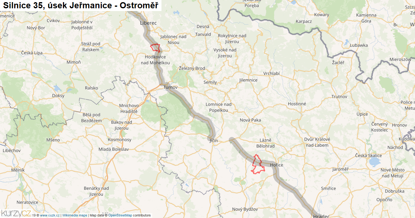 Úsek Jeřmanice - Ostroměř, Silnice 35 - Mapa