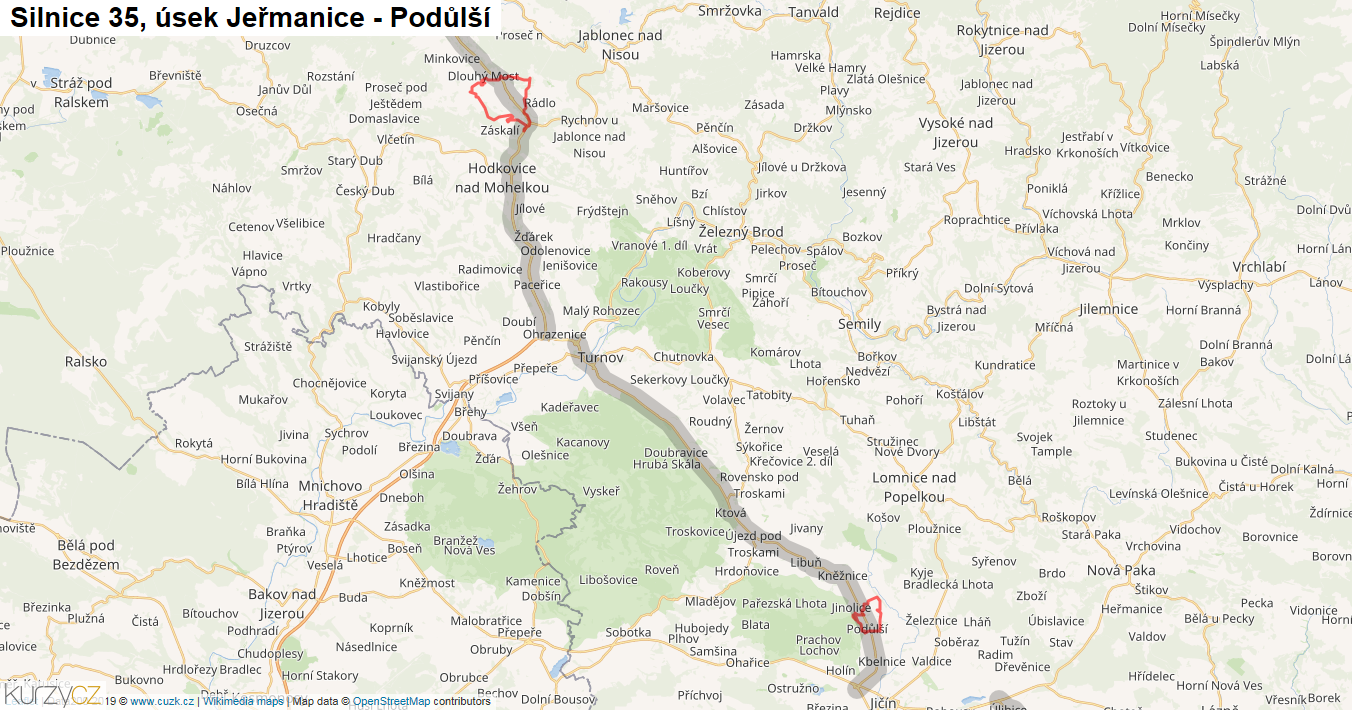 Úsek Jeřmanice - Podůlší, Silnice 35 - Mapa