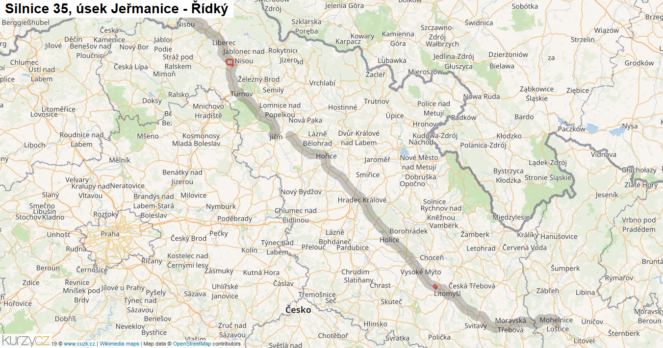 Úsek Jeřmanice - Řídký, Silnice 35 - Mapa