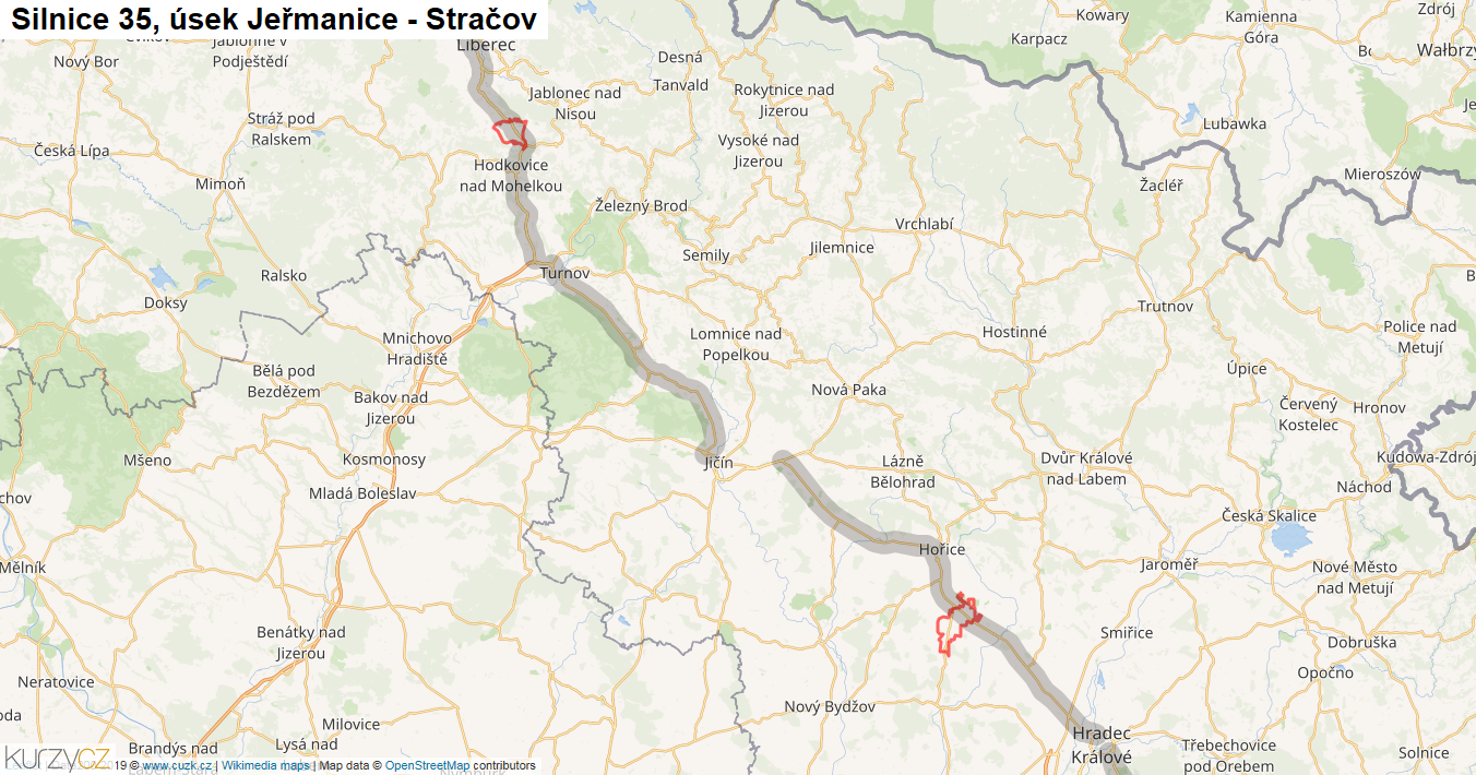 Úsek Jeřmanice - Stračov, Silnice 35 - Mapa