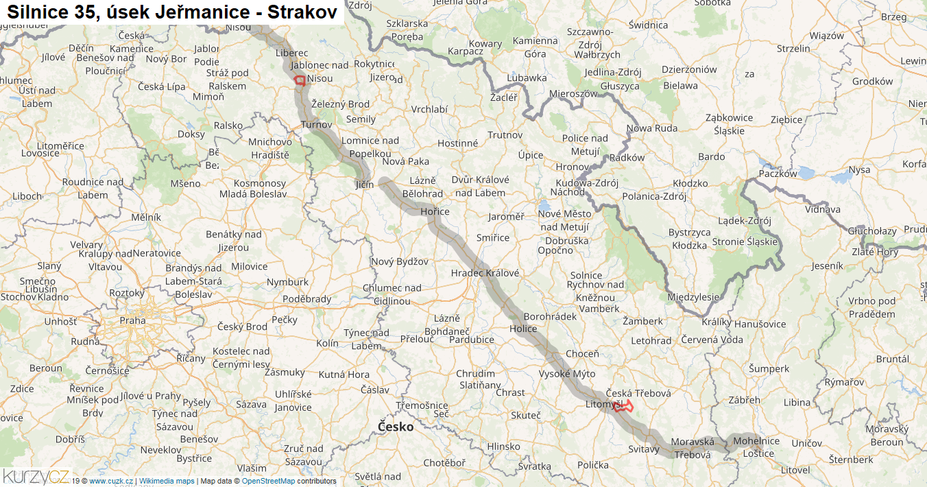 Úsek Jeřmanice - Strakov, Silnice 35 - Mapa