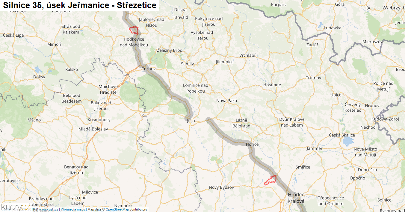 Úsek Jeřmanice - Střezetice, Silnice 35 - Mapa