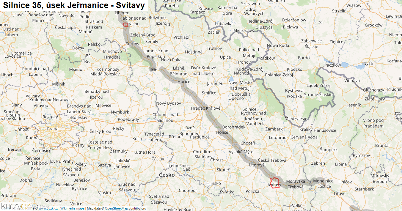Úsek Jeřmanice - Svitavy, Silnice 35 - Mapa