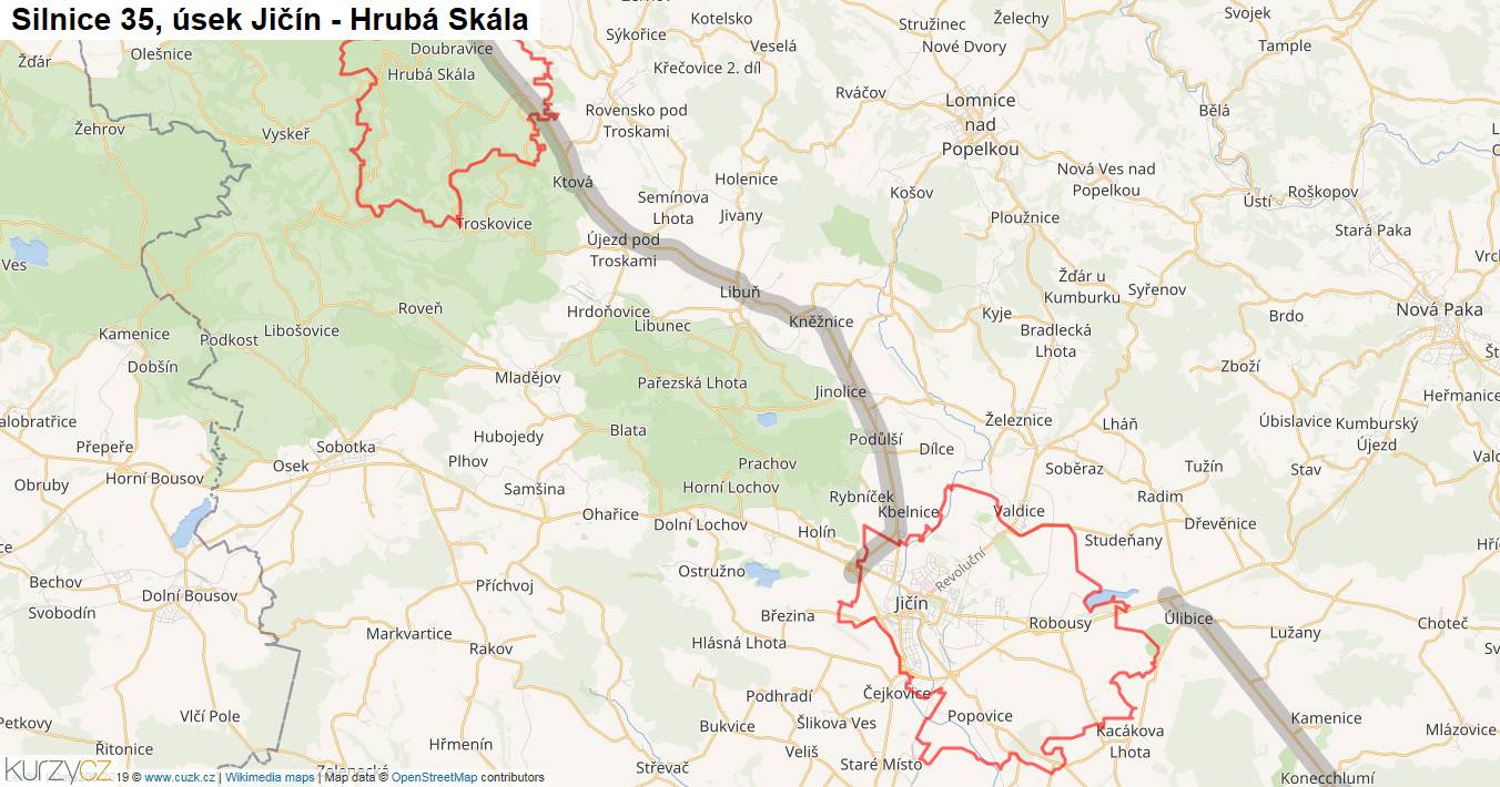 Úsek Jičín - Hrubá Skála, Silnice 35 - Mapa
