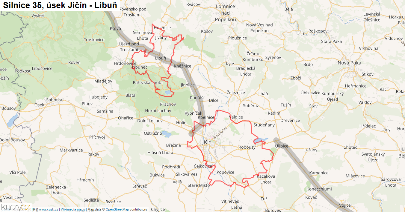 Úsek Jičín - Libuň, Silnice 35 - Mapa