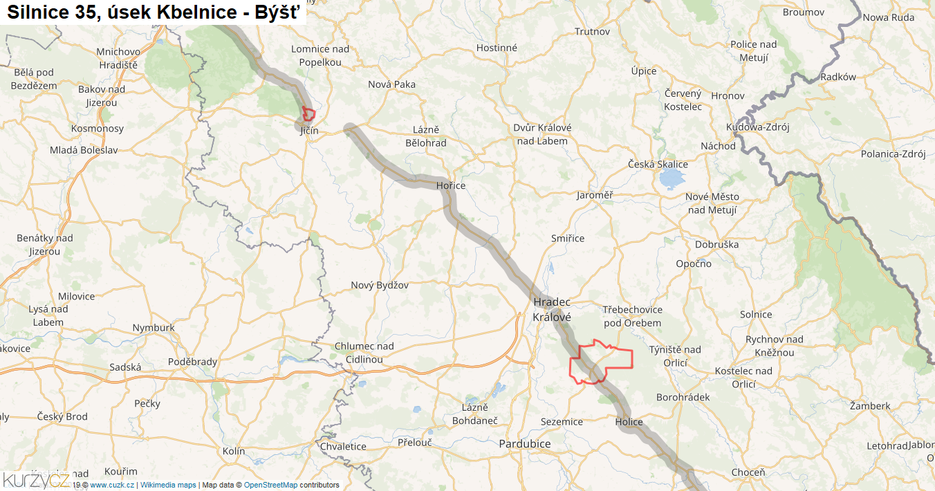 Úsek Kbelnice - Býšť, Silnice 35 - Mapa