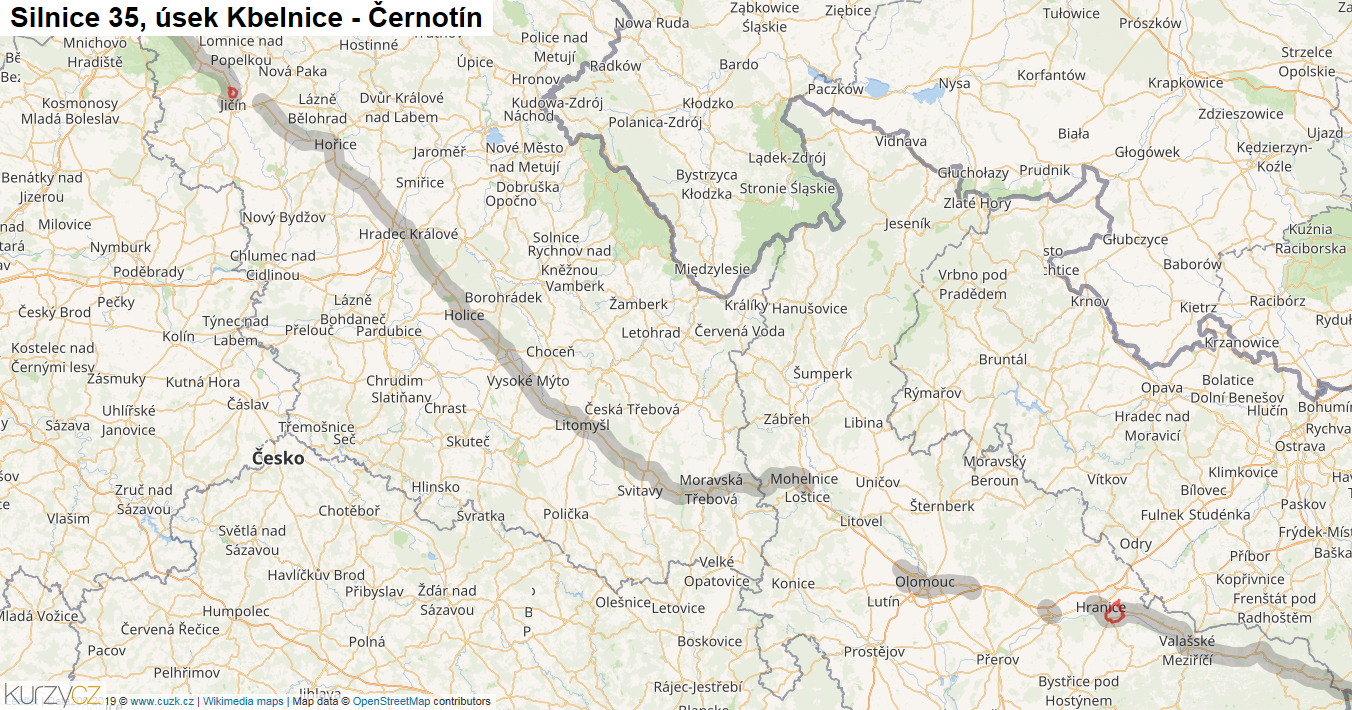 Úsek Kbelnice - Černotín, Silnice 35 - Mapa