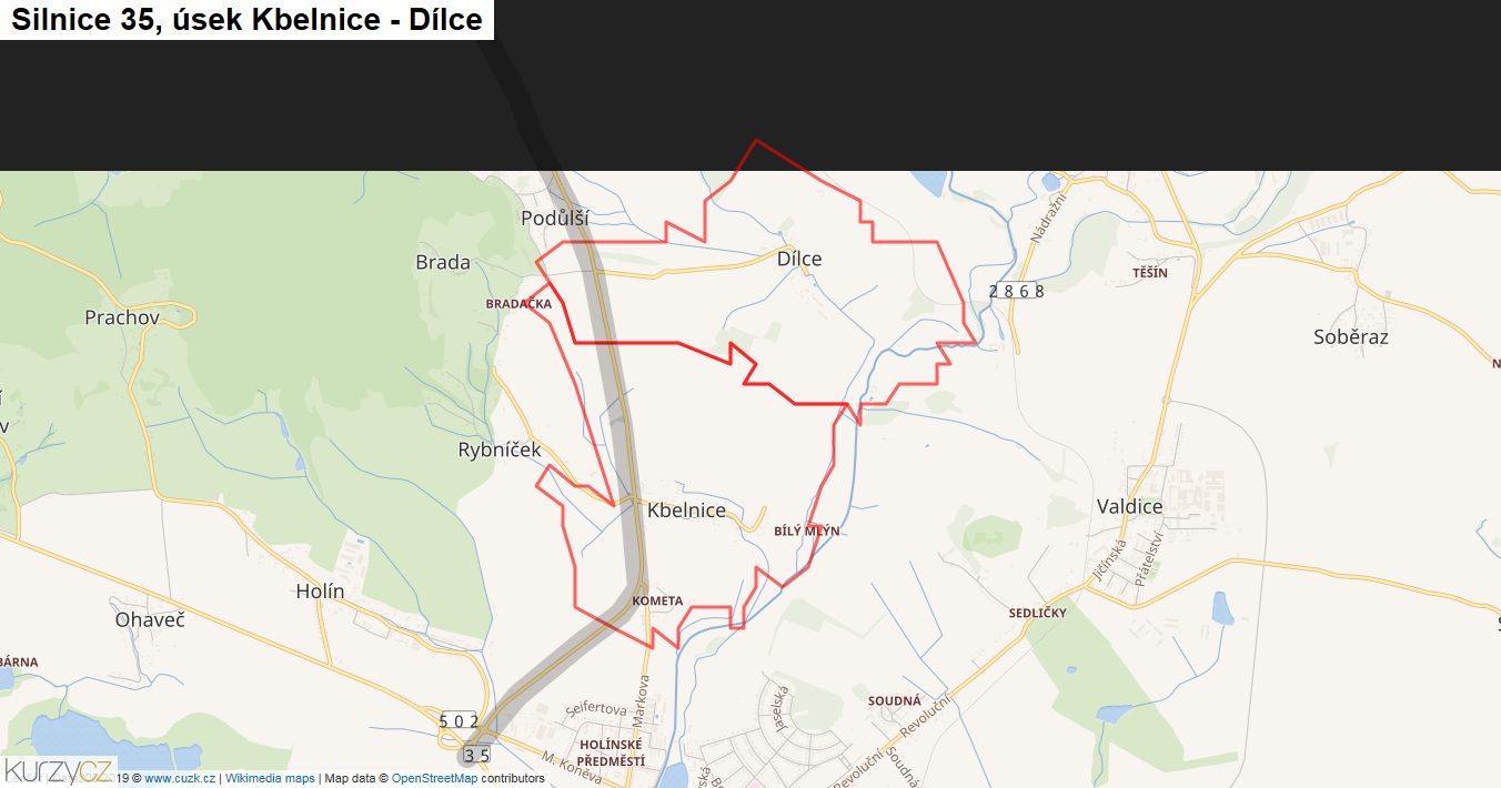 Úsek Kbelnice - Dílce, Silnice 35 - Mapa