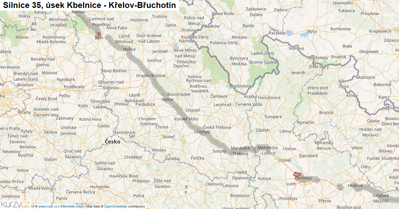 Úsek Kbelnice - Křelov-Břuchotín, Silnice 35 - Mapa