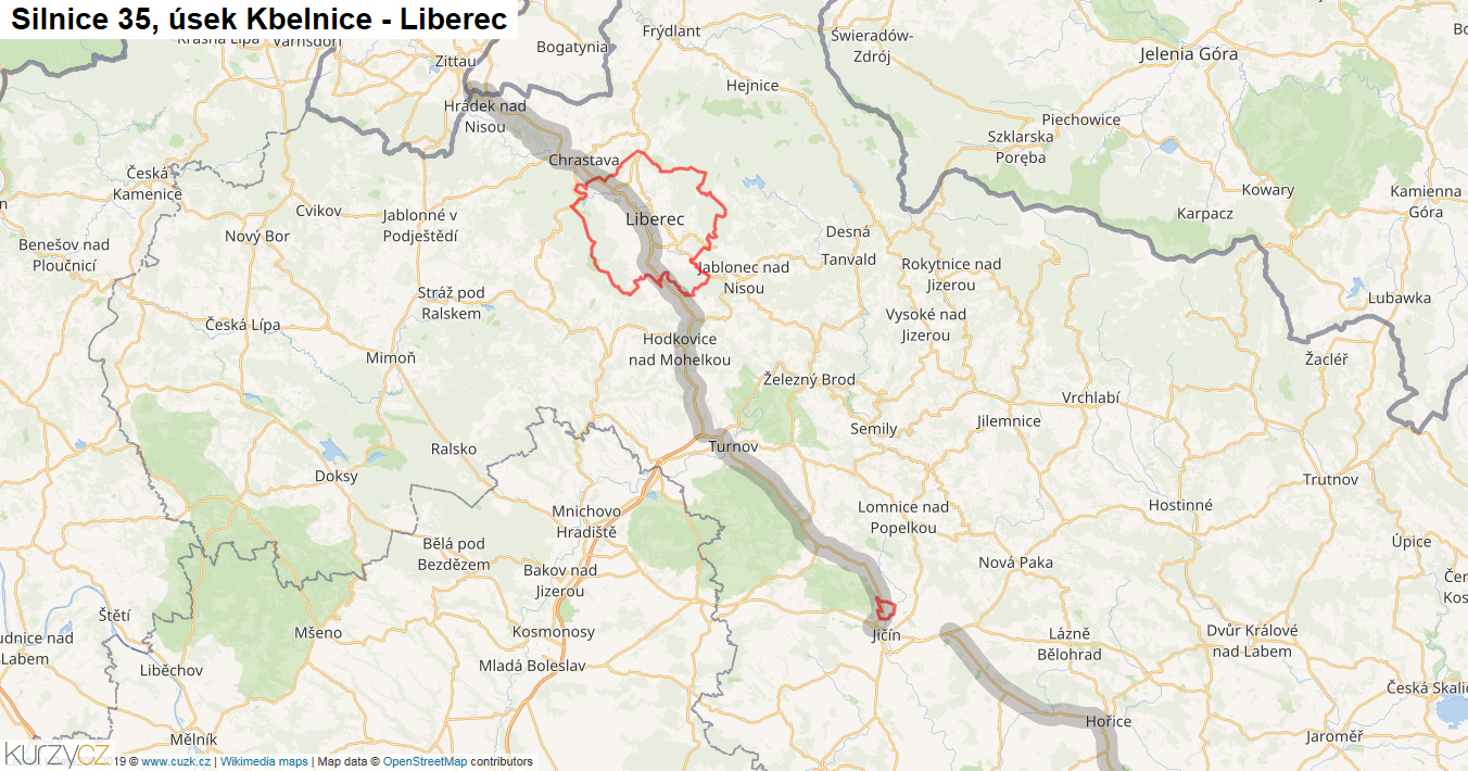 Úsek Kbelnice - Liberec, Silnice 35 - Mapa