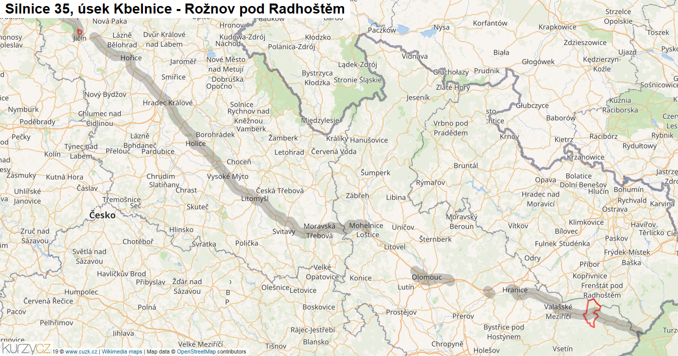 Úsek Kbelnice - Rožnov pod Radhoštěm, Silnice 35 - Mapa