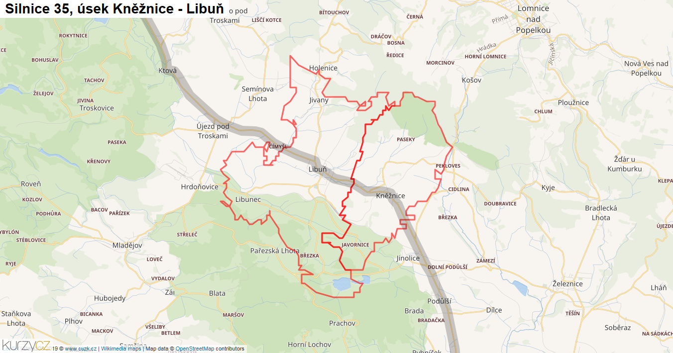 Úsek Kněžnice - Libuň, Silnice 35 - Mapa
