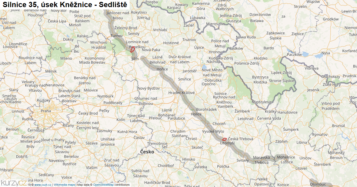 Úsek Kněžnice - Sedliště, Silnice 35 - Mapa