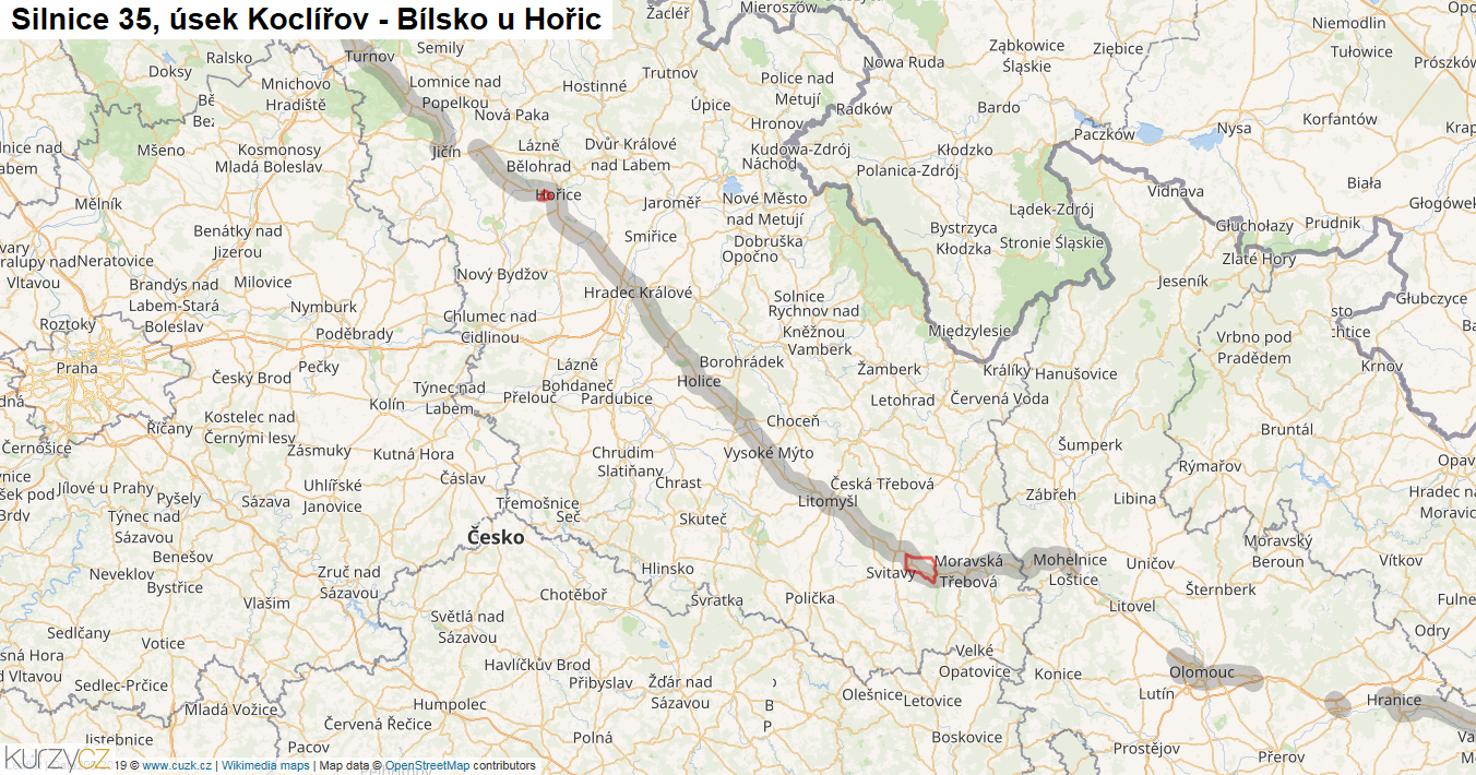 Úsek Koclířov - Bílsko u Hořic, Silnice 35 - Mapa
