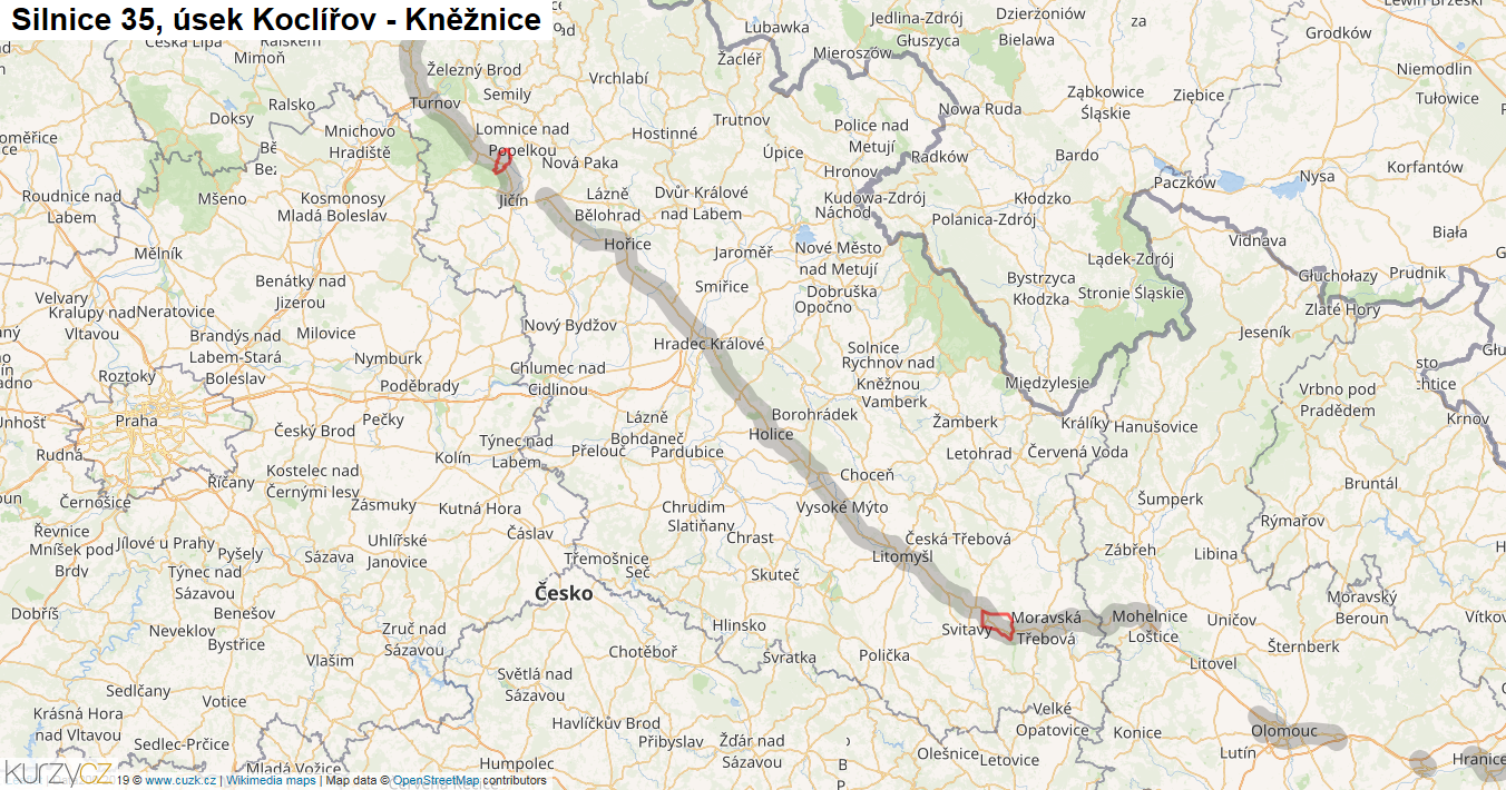 Úsek Koclířov - Kněžnice, Silnice 35 - Mapa
