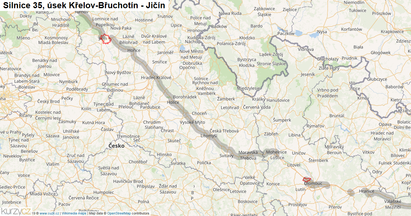 Úsek Křelov-Břuchotín - Jičín, Silnice 35 - Mapa