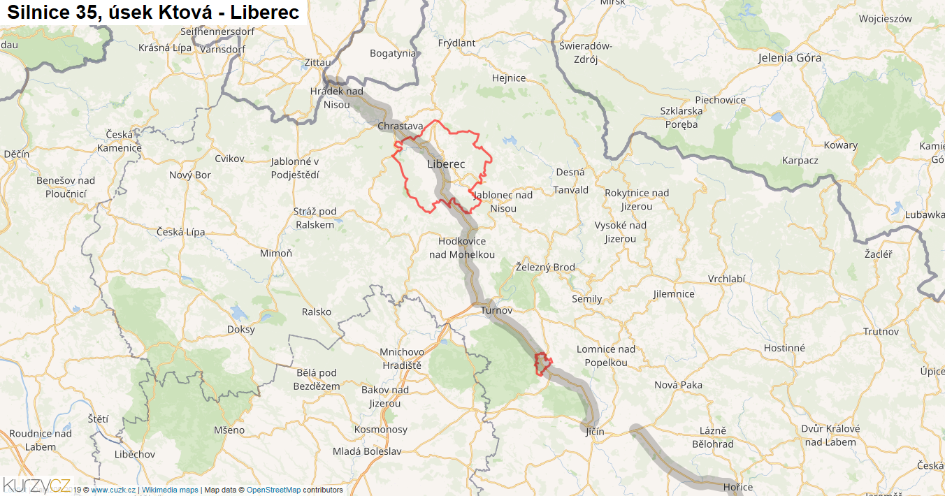 Úsek Ktová - Liberec, Silnice 35 - Mapa