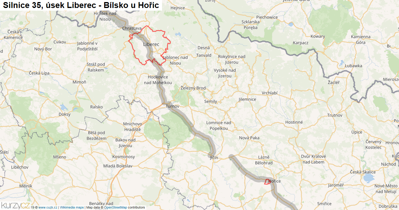 Úsek Liberec - Bílsko u Hořic, Silnice 35 - Mapa
