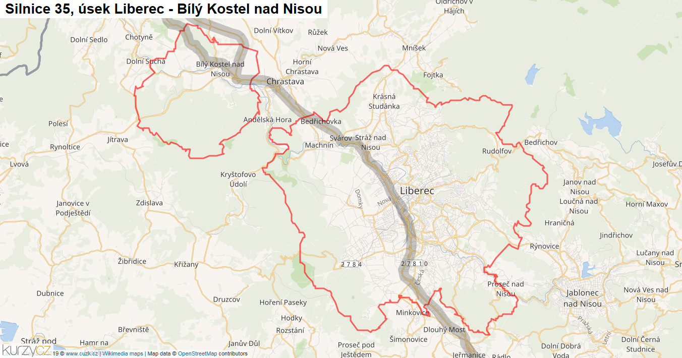 Úsek Liberec - Bílý Kostel nad Nisou, Silnice 35 - Mapa