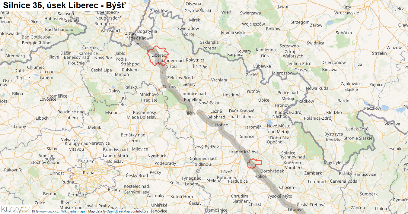 Úsek Liberec - Býšť, Silnice 35 - Mapa