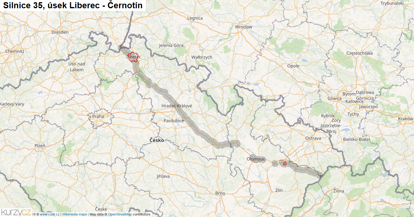 Úsek Liberec - Černotín, Silnice 35 - Mapa