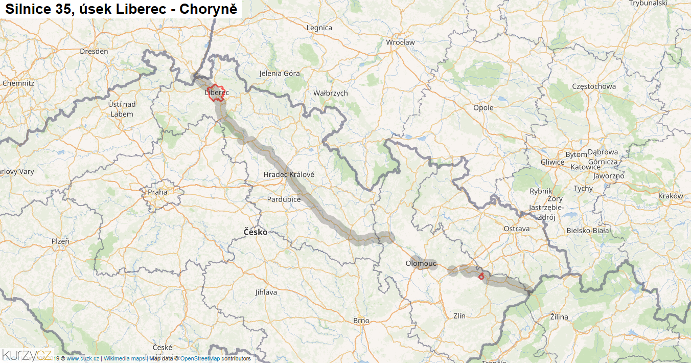Úsek Liberec - Choryně, Silnice 35 - Mapa