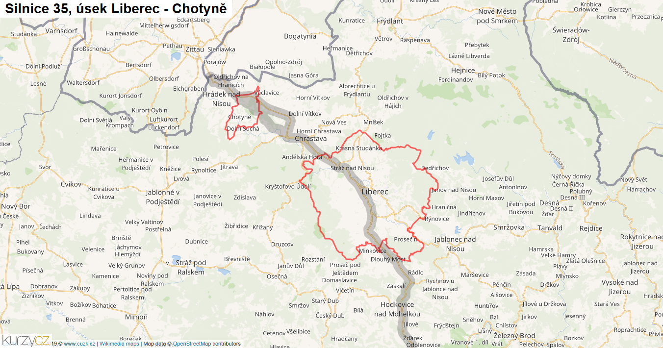 Úsek Liberec - Chotyně, Silnice 35 - Mapa