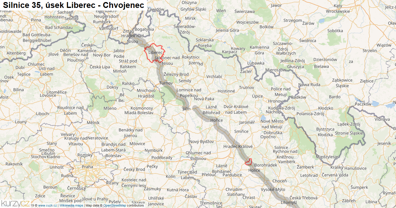 Úsek Liberec - Chvojenec, Silnice 35 - Mapa