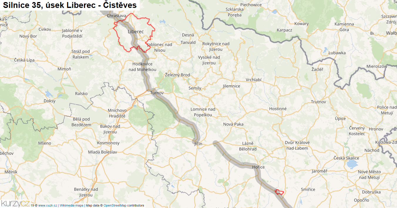 Úsek Liberec - Čistěves, Silnice 35 - Mapa