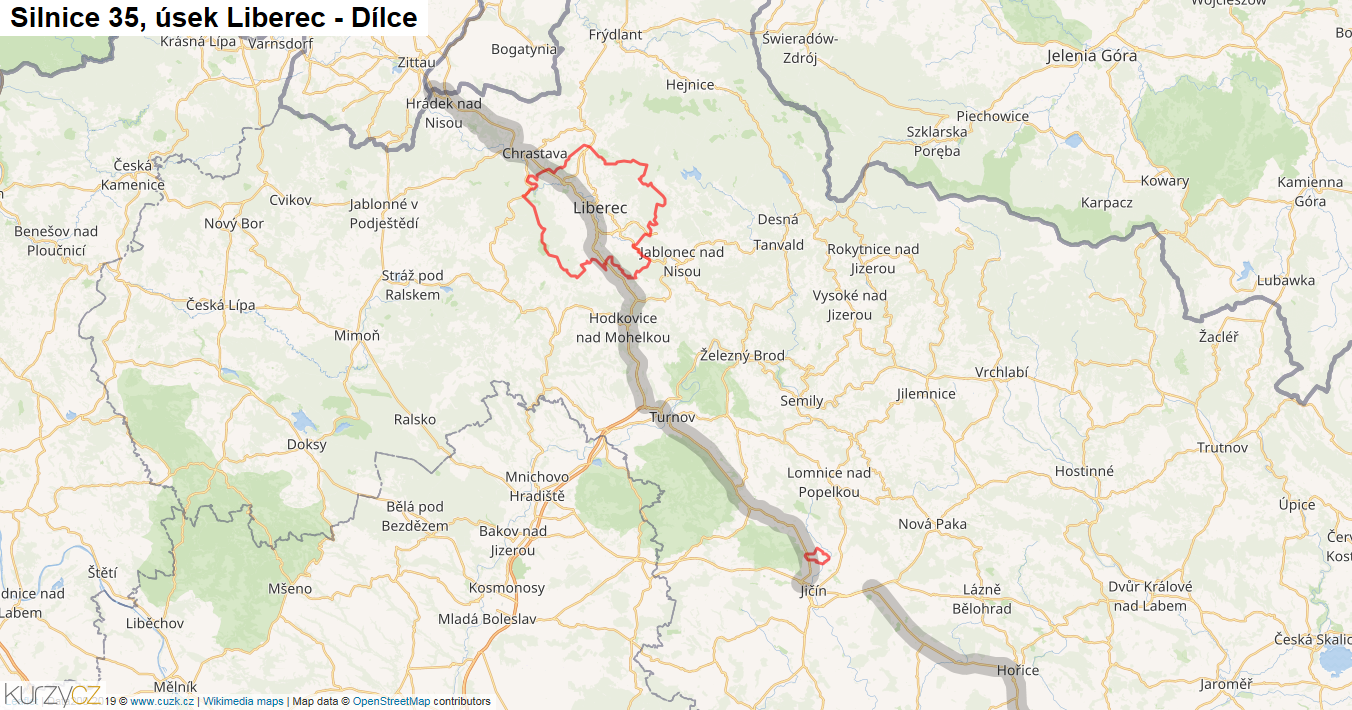 Úsek Liberec - Dílce, Silnice 35 - Mapa
