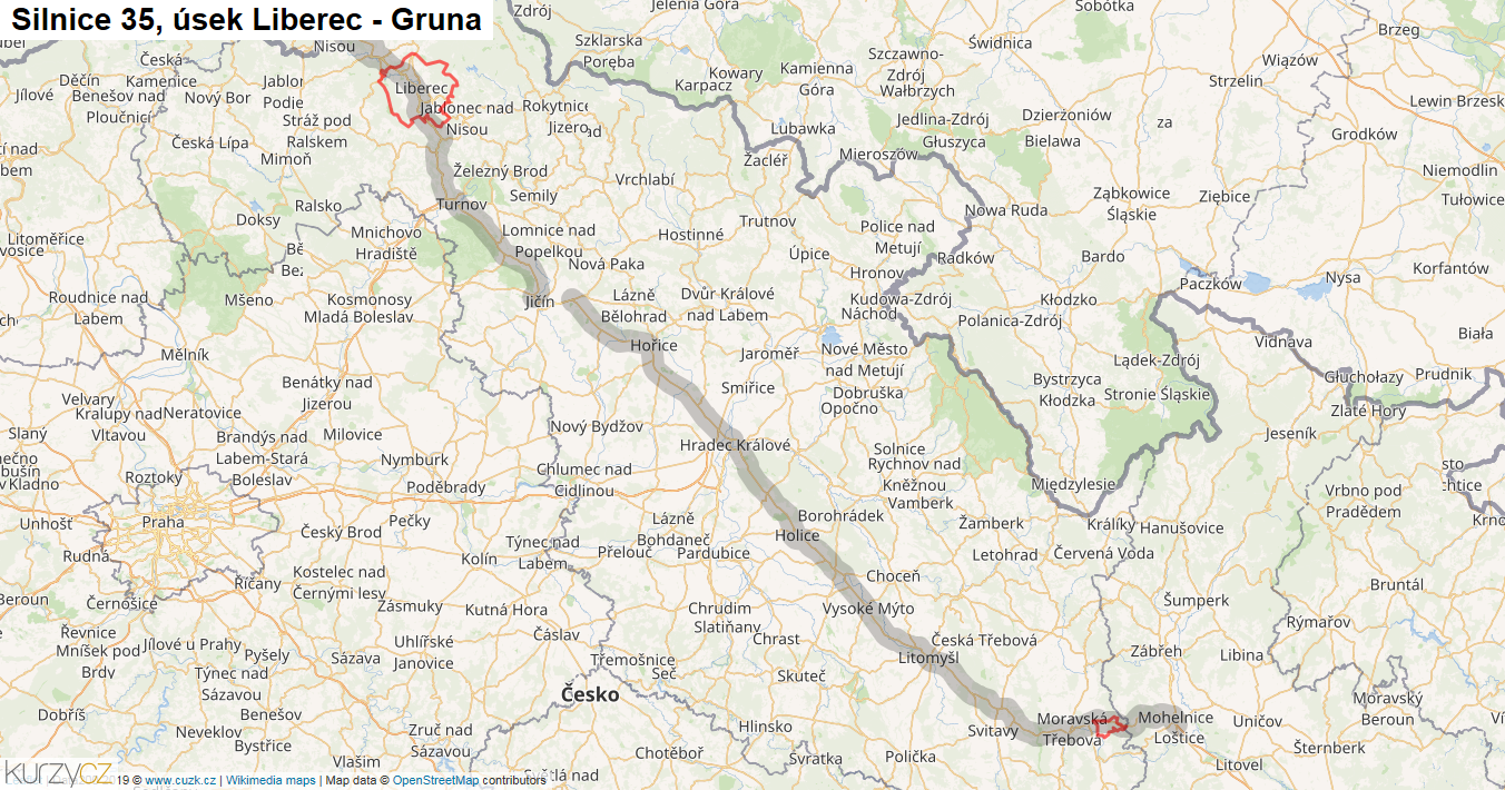 Úsek Liberec - Gruna, Silnice 35 - Mapa