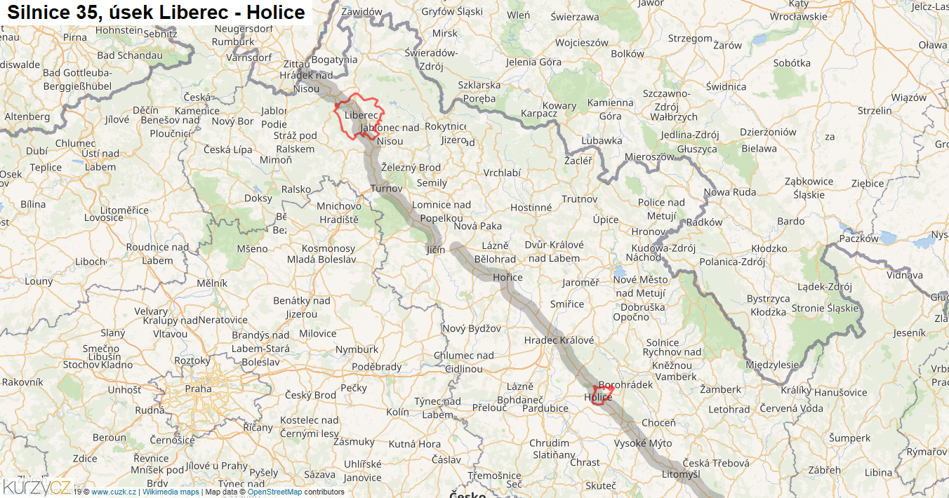 Úsek Liberec - Holice, Silnice 35 - Mapa